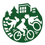 SSA logo: a child, bicyclist, and wheelchair user moving across a crosswalk flanked by trees and buildings